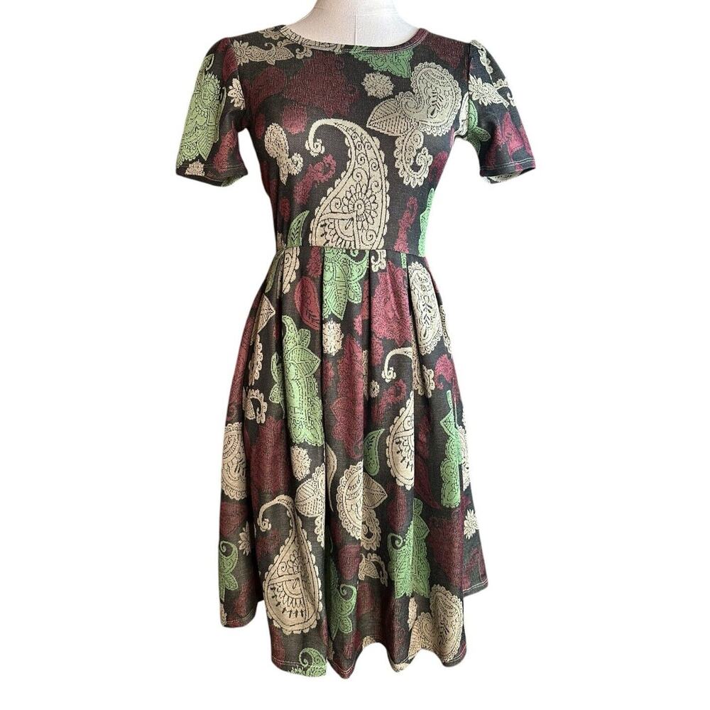 LULAROE‎ Paisley Pleated Black Beige Green Red A-Line Amelia Dress Pockets Sz XS